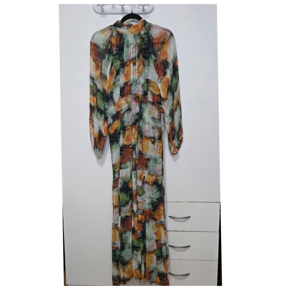 Anthropologie Orange and Blue Sheath Dress with Bishop Sleeves